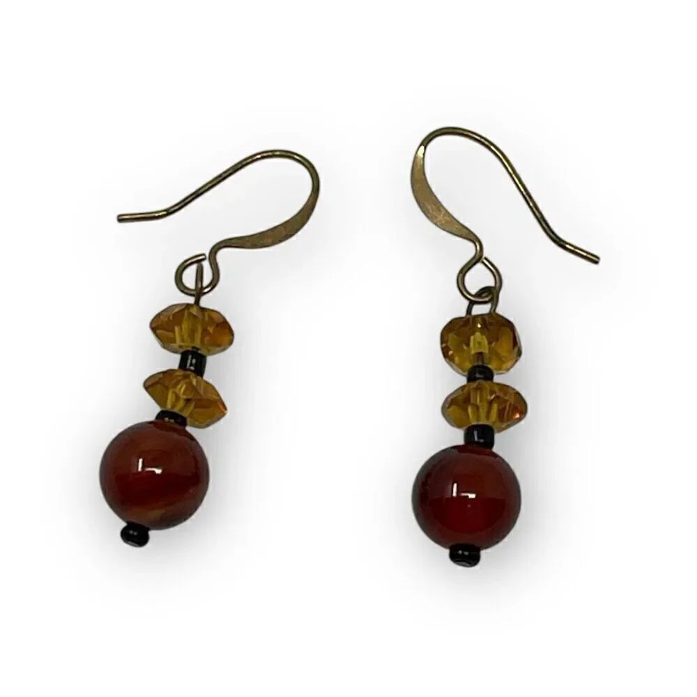 Vintage Amber and Gold Tone Beaded Drop Dangle Earrings